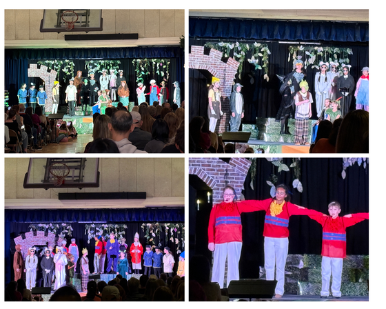students acting in a play with set decor and singing, Shrek the Musical