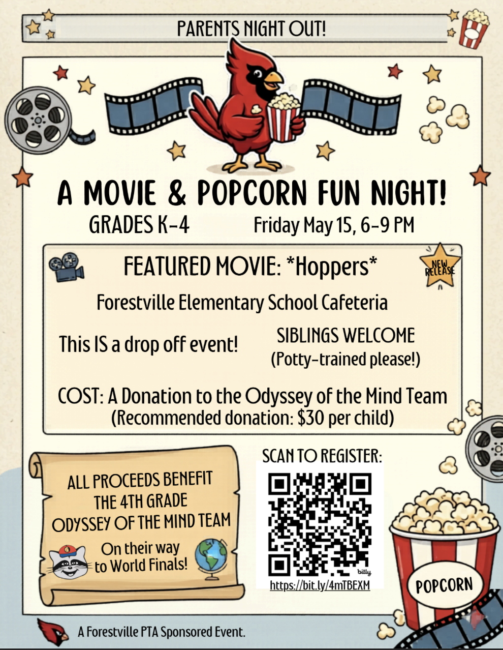 Cartoon cardinal holding popcorn with film reels and the text "Parents Night Out! A Movie and Popcorn Fun Night!"