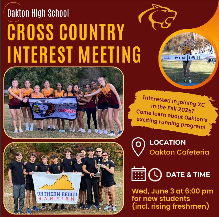 flyer for oakton high school cross country interest meeting location oakton cafeteria wednesday june 3 at 6 pm for new students and incoming freshmen