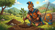 Cartoon Spartan planting a tree