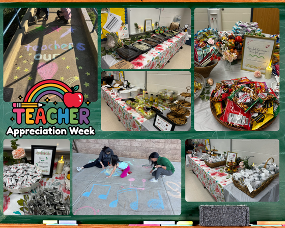A collage of seven photos celebrating Teacher Appreciation Week against a chalkboard background. 
