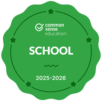 A green circular badge with stars that says "common sense education SCHOOL 2025-2026."