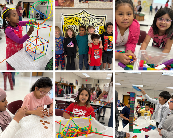 6 photo collage of students in the Yellow House celebrating with STEM activities, building structures with colorful rods, blocks, and magnetic tiles.