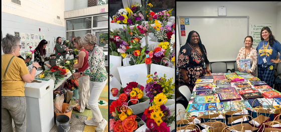 Collage showing parent volunteers making bouquets of flowers, bags holding the bouquets , and 3 staff members standing next to a table of gifts