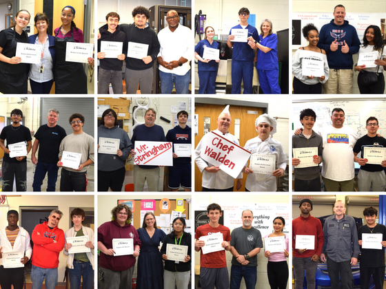collage of 12 photos of student winners with their teachers