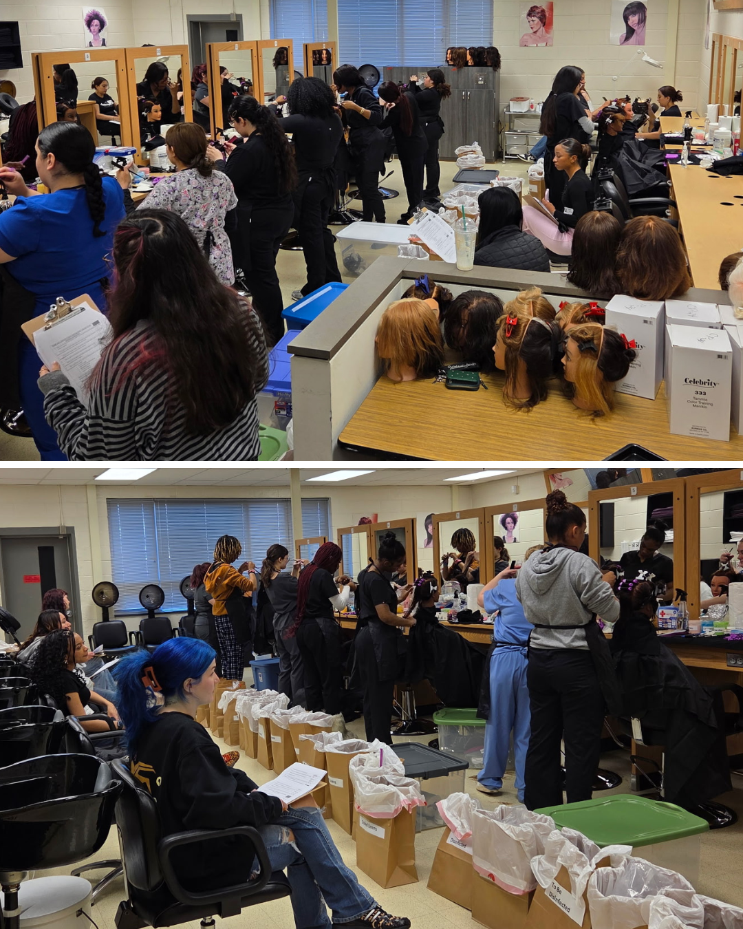 two photos of cosmetology mock board exams