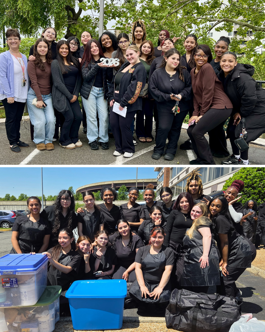 Two group photos of the cosmetology 2 students on their exam days