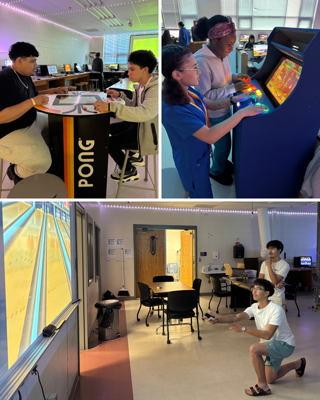photo collage of students playing arcade games