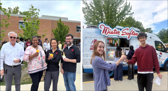 picture of HHS staff getting ice cream from the Mr. Softee truck.