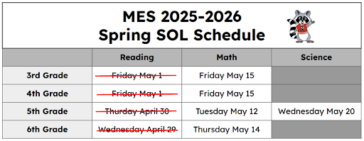 SOL Schedule Chart - words listed below