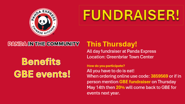 Fundraiser flyer for Panda Express supporting GBE events on Thursday, May 14th. Full details in the description below.