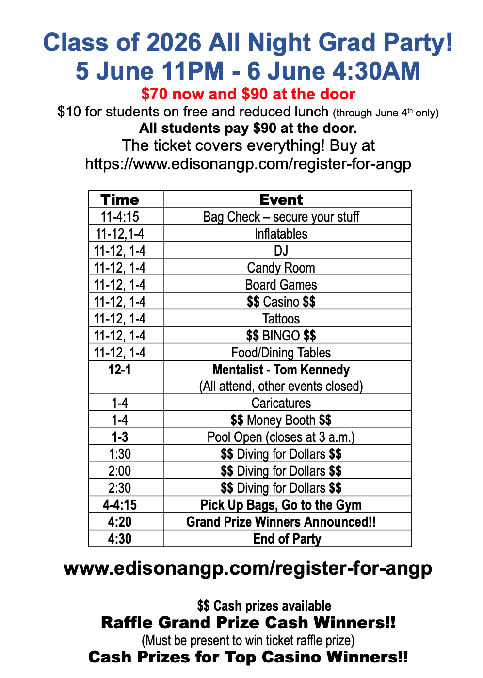 Edison High School All Night Grad Party Schedule for June 5
