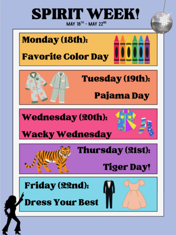 Disco themed spirit week flyer.  All dates and information below 