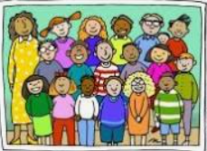 Colorful picture of teacher with class of students
