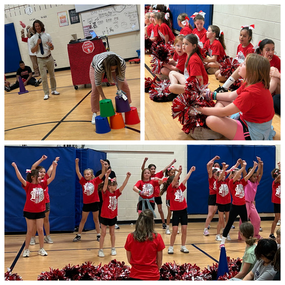 Collage of three pictures of students and staff during a pep rally.