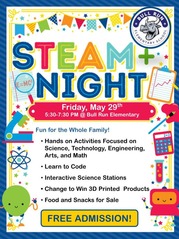 school logo and "STEAM NIGHT" in large, colored letters. A decorative banner of party flags across the top.