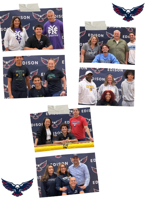 Students with their families in the gym celebrating national signing day to their colleges