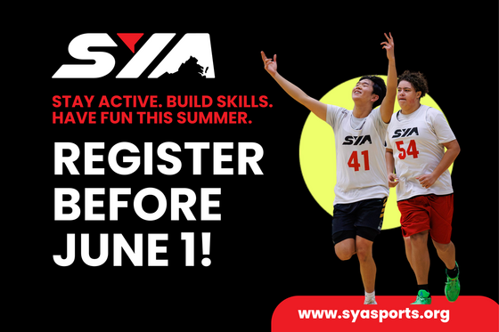 SYA logo with students playing basketball. Text "register before June 1st" with syasports.org