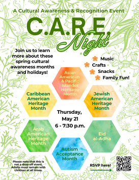 Flyer for Spring Cultural Awareness & Recognition Event Night on Thursday, May 21, 6 - 7:30 pm