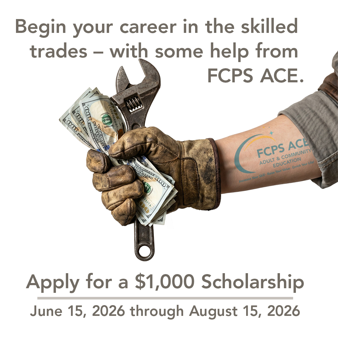 $1,000 Trades Scholarship image of work glove holding a wrench and $100 bills