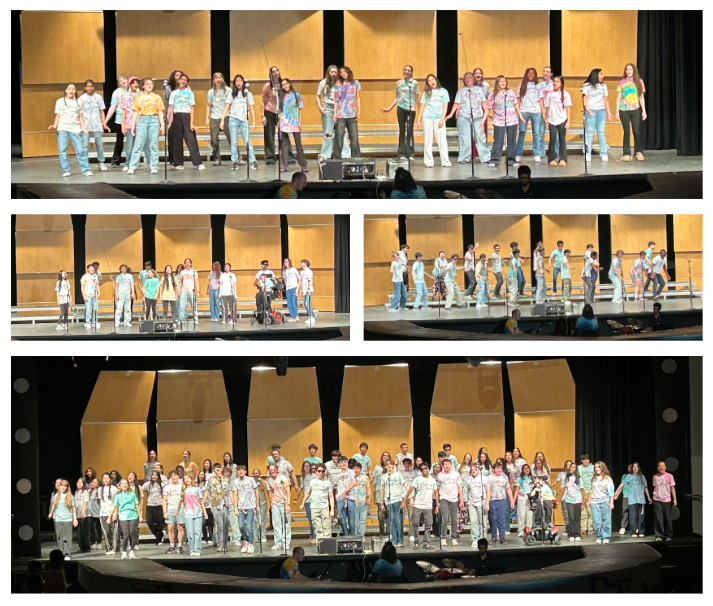 images of four different groups of students performing on stage at the chorus concert wearing tie dyed chorus t-shirts
