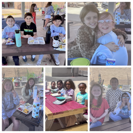 Collage with 5 photos. Third grade students eating lunch outside.