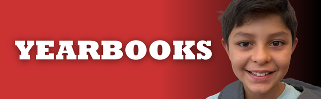 Boy smiling with red and black gradient background with white text ‘Yearbooks’