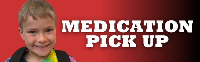 Boy smiling with red and black gradient background with white text ‘Medication Pick up’ 