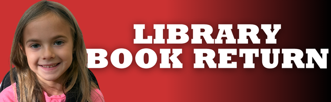 Girl smiling with red and black gradient background with white text ‘Library Book Return’