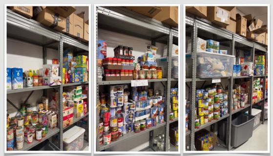 Food pantry photos of canned goods and nonperishables on shelves