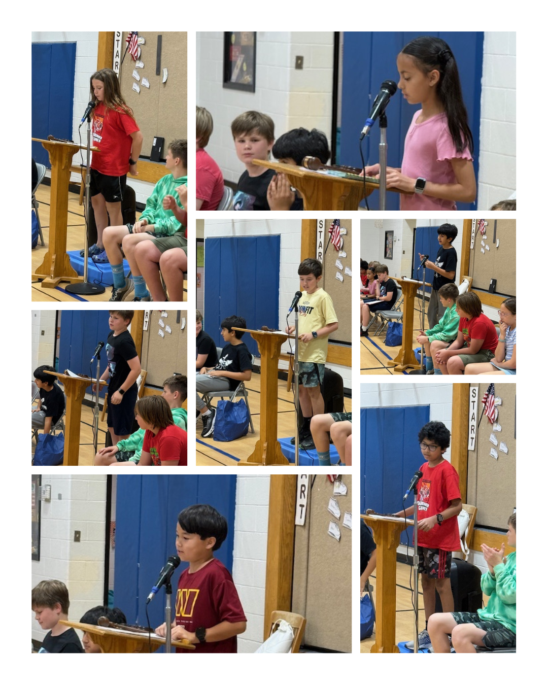 Diverse elementary students standing at a wooden podium speaking into a microphone during next year’s SCA officer election speeches.