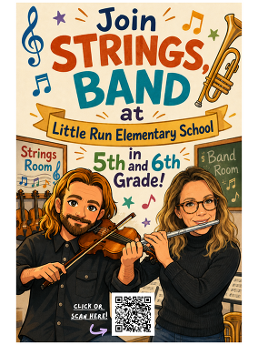 Cartoon character faces of band and strings teachers smiling.