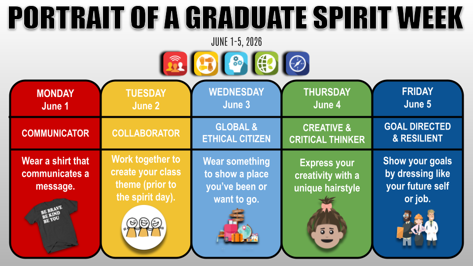 Schedule for Portrait of a Graduate Spirit Week, June 1-5, 2026. Daily theme and dress-up instructions are detailed in the text description.