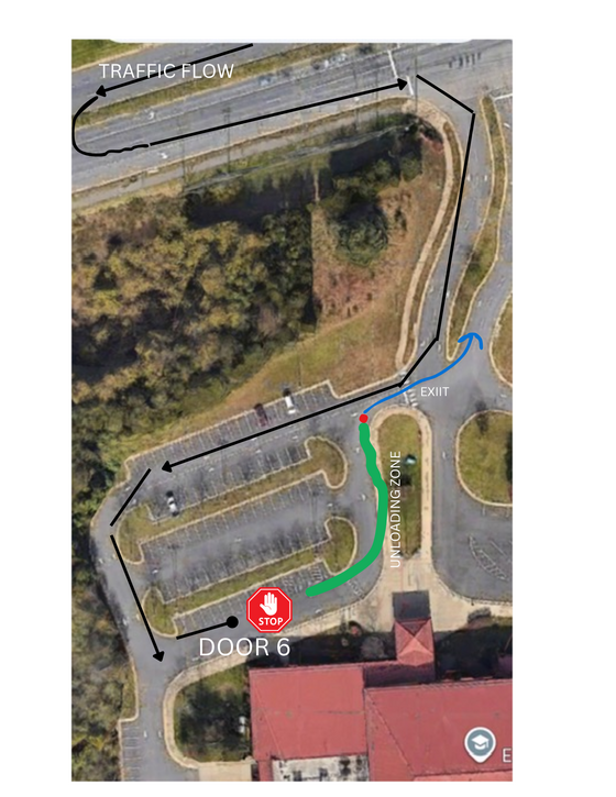 arial view of bull run school property with arrows showing traffic flow