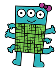 character that looks like a robot with a sudoku body and 6 arms and 2 legs and 3 eyes