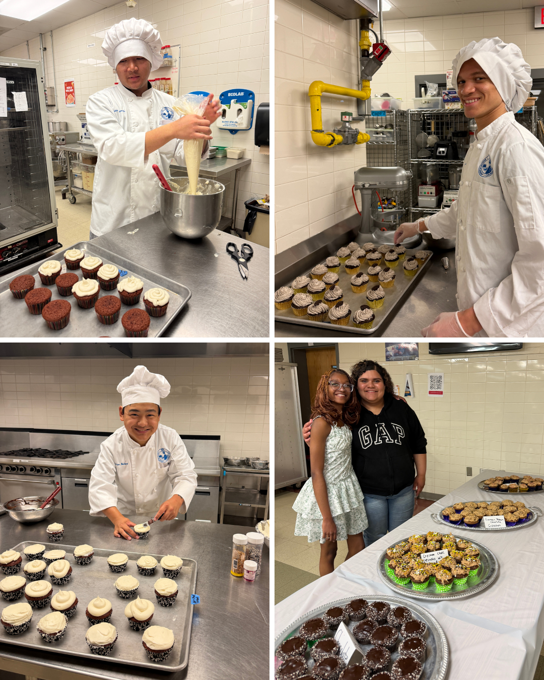 collage of students making cupcakes as well as a table display of the cupcakes