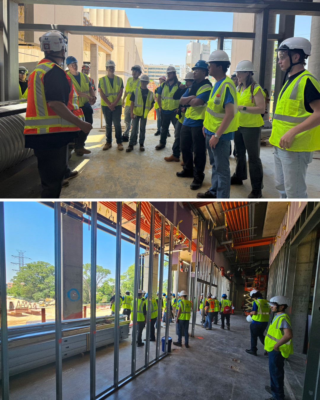 groups of students on a commercial construction site in safety gear