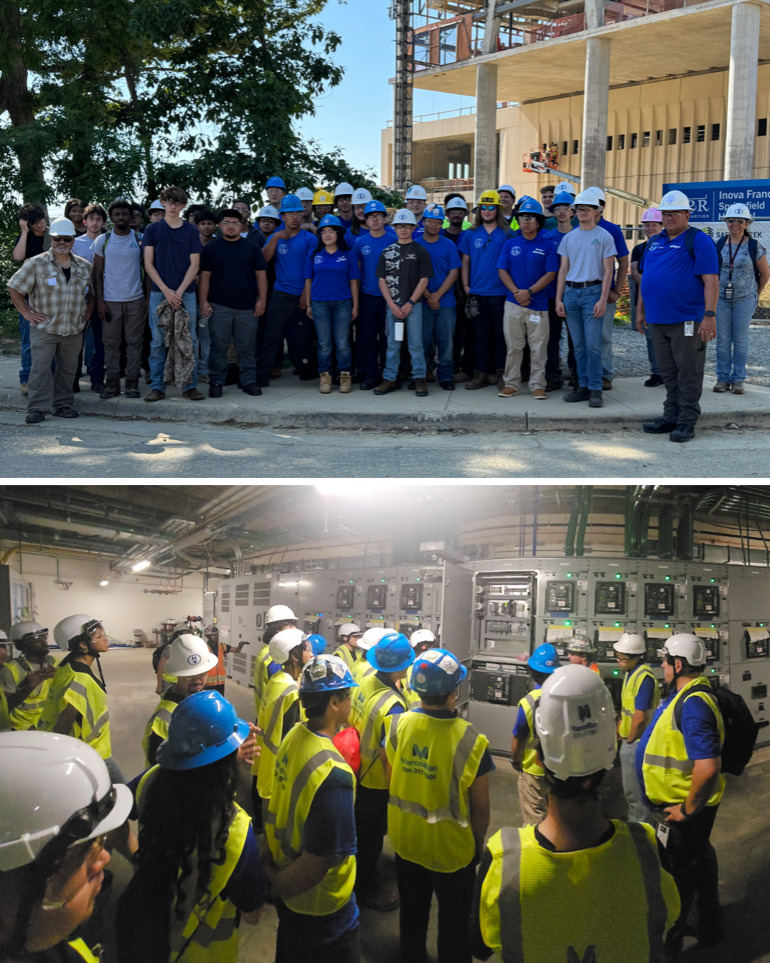 groups of students on a commercial construction site in safety gear