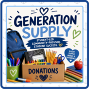 Generation Supply school donation drive graphic featuring a box filled with notebooks, pencils, and crayons.