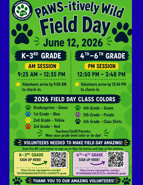 Field Day Date and Times and Sign up info