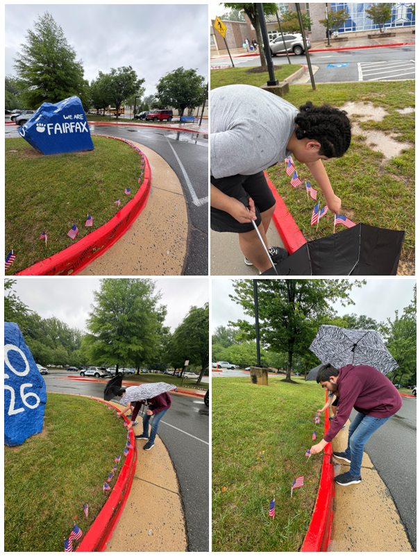 students placing flags on a lawn