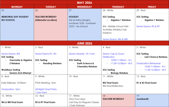 testing calendar