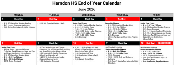 HHS end of year calendar with the first two weeks of June