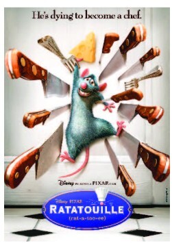 movie poster from Disney's "Ratatouille" features a small blue gray rat pinned against a circle of flying utensils