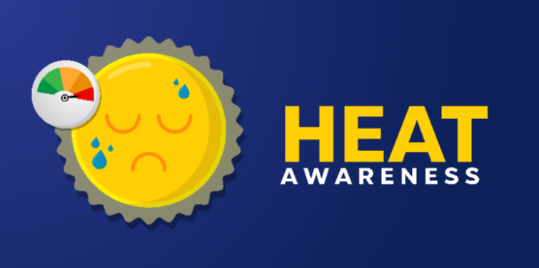 Image test says Heat Awareness, there is a sun with a sad face sweating and needle on red on a thermometer.