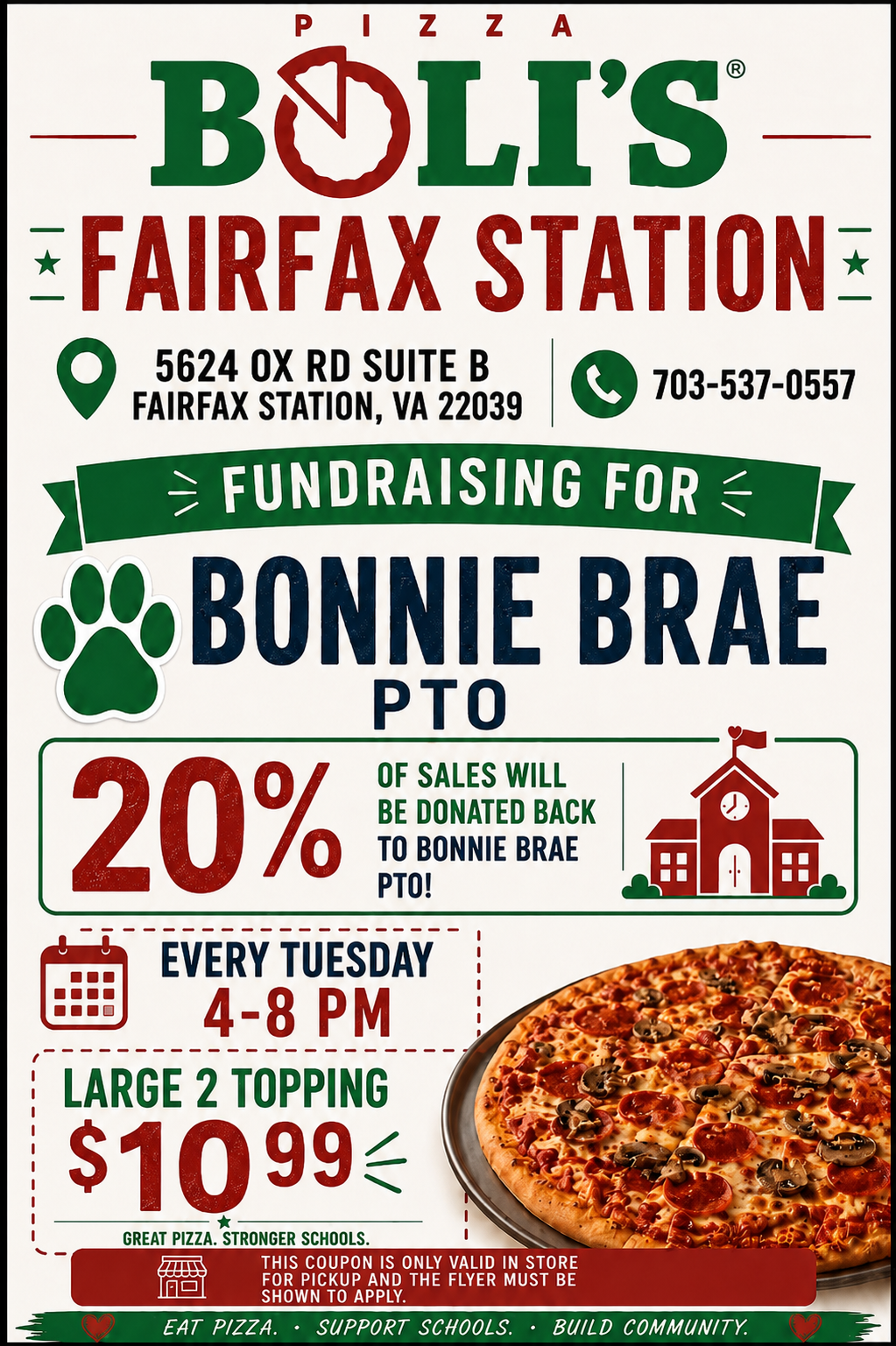 Pizza Boli flyer with restaurant night information