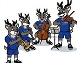 group of strings instruments being played by school mascot "bucky" in blue top and shorts