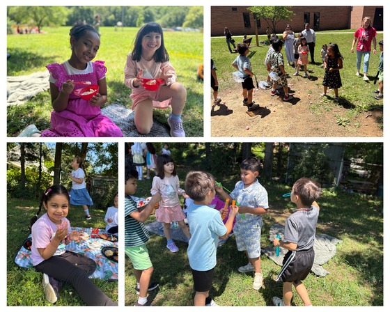 Four photo collage of first grade students celebrating at an outdoor end of the year party, featuring picnics, games on the lawn, and blowing bubbles.