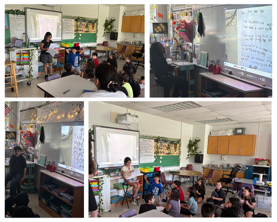 Collage of 3rd grade students presenting their original poems to classmates next to whiteboards displaying their handwritten work.