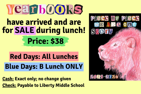 Yearbook sale flyer with 2025-2026 cover, $38 price, lunch sales schedule, and cash/check payment details.